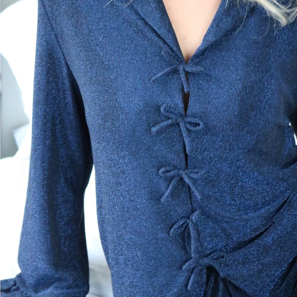 SHIMMER FLOUNCE PANT SET IN MIDNIGHT Luxurious Midnight Blue Women's Pajama Set - Picture 2 of 5